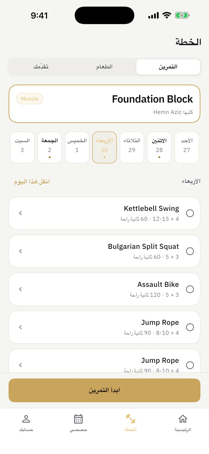 الخطة: برنامج التمرين الذي كتبه مدرب العضو، يوماً بيوم